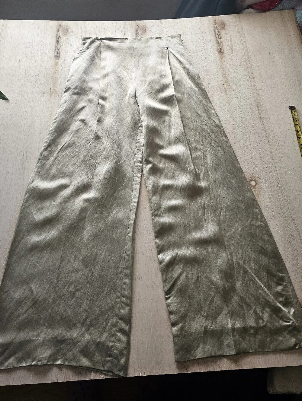 Zara Linen Viscose Wide Leg Pants NWT Light Olive Green Gold Champagne M
